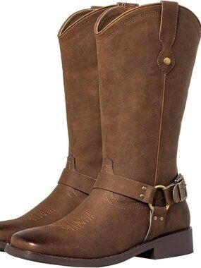 Women's Brown Buckle Strap Wide Calf Square Toe Western Riding Cowgirl Boots
